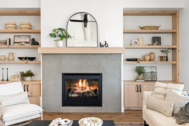 Custom Concrete surround Fireplace with White Oak box mantel #Concrete #fireplacesurround #Fireplace #WhiteOakmantel #boxmantel