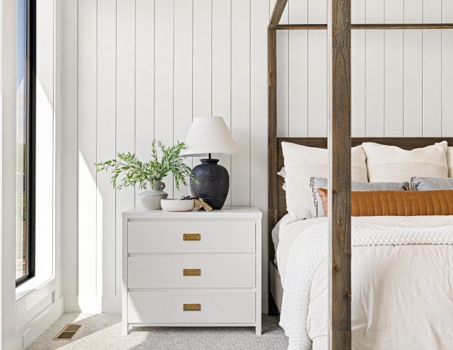 Paint-grade Vertical Shiplap Feature on Bed Wall Painted Sherwin Williams Pure White SW 7005