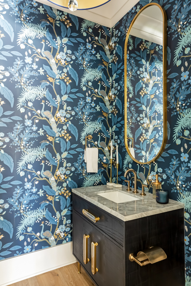 The Powder Room is Bold Blue and Beautiful Mix of patterns and textures create a bold and beautiful space #Powderroom