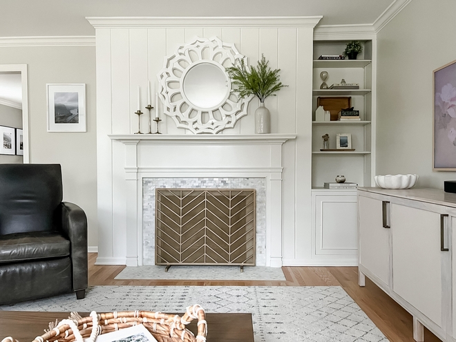 Benjamin Moore OC-17 White Dove Trim and fireplace with Benjamin Moore OC-47 Ashwood on walls Paint color scheme ideas