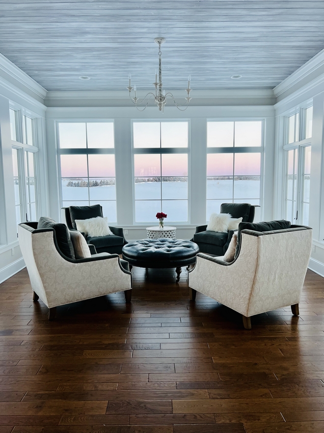 Sunroom We have a bit of a rustic glam vibe going on in this room we kept it pretty simple and let the view out the windows steal all of the glory #sunroom