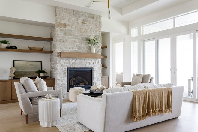Sherwin Williams Alabaster Living room with neutral stone fireplace and white oak cabinets Sherwin Williams Alabaster Living room with neutral stone fireplace and white oak cabinets #SherwinWilliamsAlabaster #Livingroom #neutralstone #fireplace #whiteoak #whiteoakcabinets