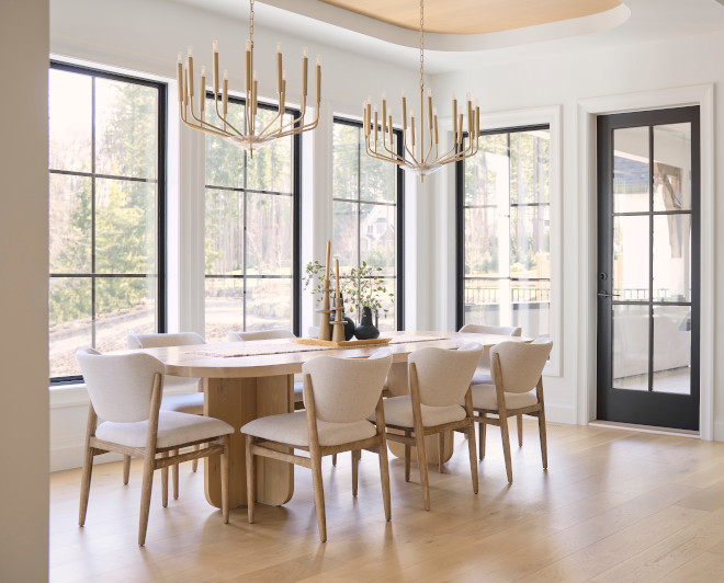 Dining Room Double chandeliers hang from this wood inlay ceiling detail #DiningRoom #Doublechandeliers #woodinlayceiling #ceilingdetail