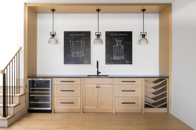 White Oak Bar I enclosed the bar in a full surround to give it that full height look The chevron wine holder on the right adds some playful character #whiteoakbar #bar #whiteoak #chevronwineshelf