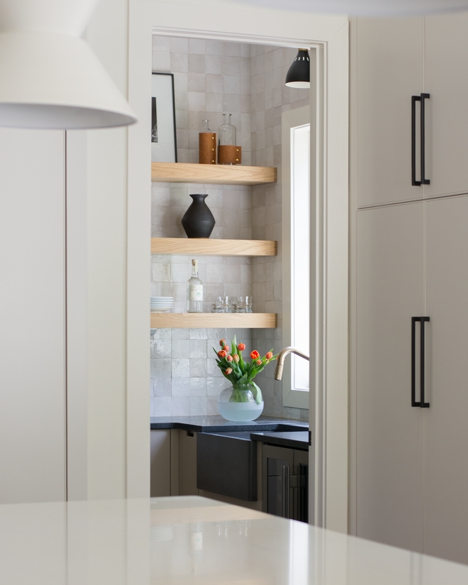 Having a prep-kitchen pantry isn t only a beautiful addition to any home but one that also makes our life a little easier The custom floating White Oak shelves keep everything within reach white the lower cabinets add plenty of extra storage #prepkitchen #pantry #storage #pantryorganizing #floatingshelves #WhiteOakshelves