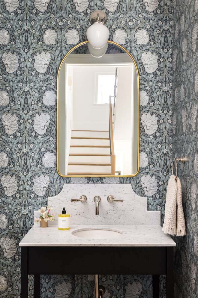 Powder Room a wallpaper and a custom vanity with custom curved marble backsplash elevate the space #PowderRoom #wallpaper #vanity #curvedmarblebacksplash elevate the space