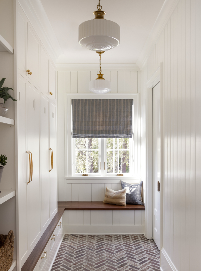 White mudroom with Thin Brick Herringbone Flooring White mudroom with Thin Brick Herringbone Flooring ideas White mudroom with Thin Brick Herringbone Flooring Design White mudroom with Thin Brick Herringbone Flooring #Whitemudroom #mudroom #ThinBrickHerringbone #BrickHerringbone #brickFlooring