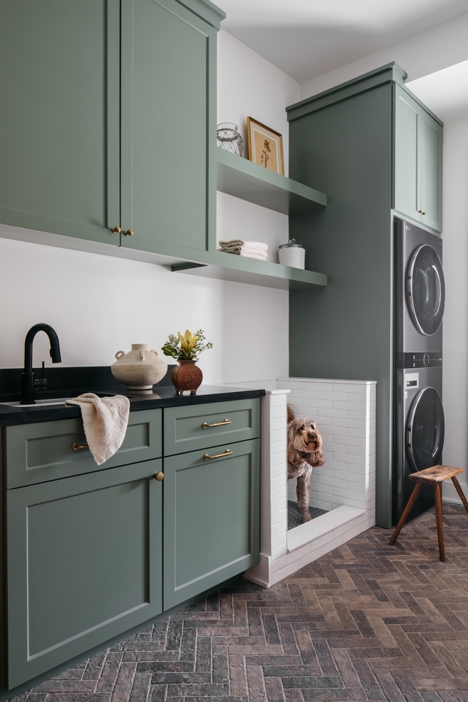 This is the dreamiest Mudroom Laundry Room I love the super convenient dog wash and the stacked laundry center #Mudroom #LaundryRoom #dogwash #stackedlaundrycenter