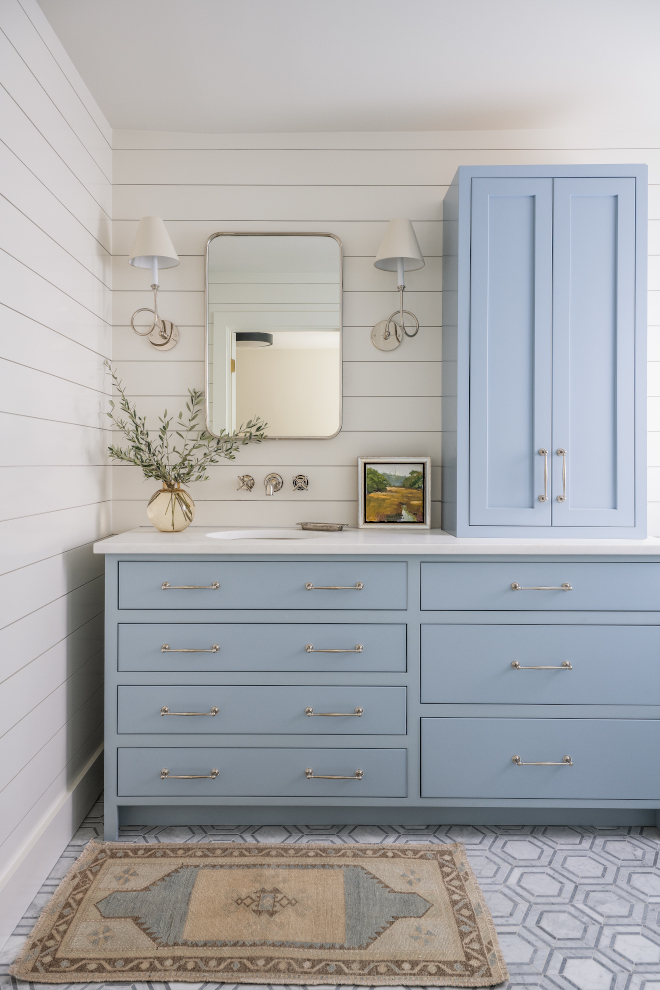 Bathroom features painted shiplap walls in Benjamin Moore Swiss Coffee and cabinetry in Farrow and Ball Parma Gray Bathroom features painted shiplap walls in Benjamin Moore Swiss Coffee and cabinetry in Farrow and Ball Parma Gray Bathroom features painted shiplap walls in Benjamin Moore Swiss Coffee and cabinetry in Farrow and Ball Parma Gray #Bathroom #paintedshiplap #BenjaminMooreSwissCoffee #cabinetry #FarrowandBallParmaGray