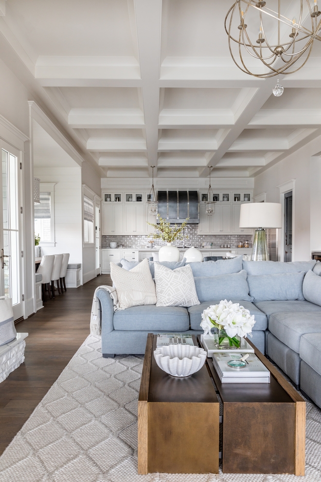 Coffered ceilings and trim in Sherwin Williams SW 7008 Alabaster unifies this entire space Walls are complemented by one of my favorite neutral paint colors Sherwin Williams SW 7631 City Loft Make sure to keep this color combination in mind