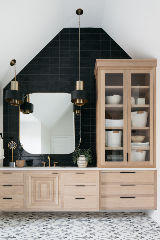 Bathroom features Neo-Art Deco-inspired White Oak cabinets along with a bold black and white floor tile Bathroom features Neo-Art Deco-inspired White Oak cabinets along with a bold black and white floor tile Bathroom features Neo-Art Deco-inspired White Oak cabinets along with a bold black and white floor tile #Bathroom #NeoartDeco #WhiteOak #cabinets #blackandwhite #floortile