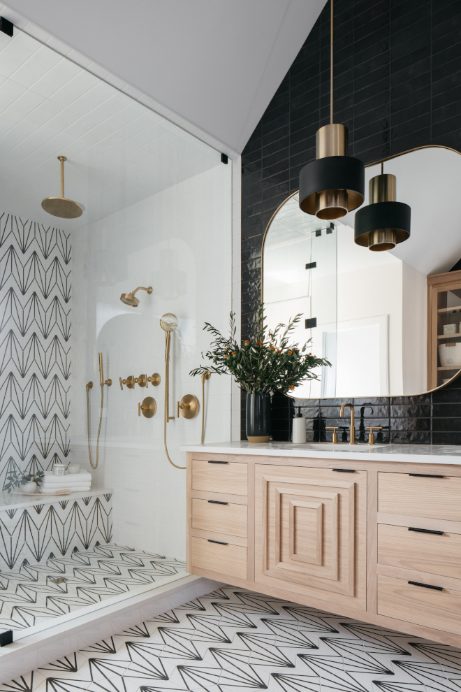 Black and white bathroom with White Oak Natural Grain White Glaze Flat finish cabinets Black and white bathroom with White Oak Natural Grain White Glaze Flat finish cabinets #Blackandwhite #bathroom #WhiteOak #NaturalGraincabinet #WhiteGlazecabinet #Flatfinishcabinet