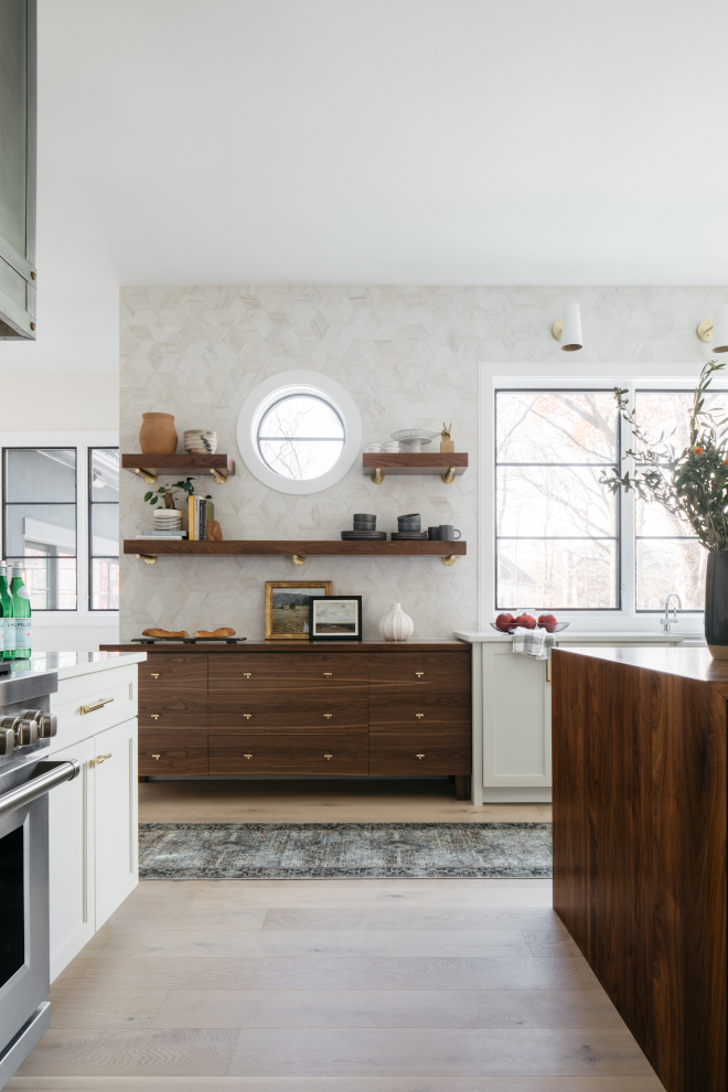 Walnut Furniture-Look Hutch Cabinet and Island Waterfall Custom Walnut with clear coat stain #Walnut #Furniturelikecabinet #Hutch #Cabinet #Island #Waterfall #Walnut #clearcoatstain