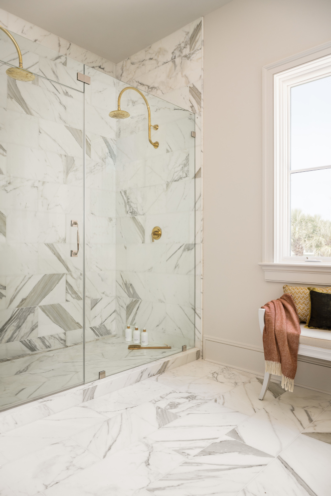 Bathroom shower and floor Calacatta gold marble tile Bathroom shower and floor Calacatta gold marble tile #Bathroom #shower #floor #Calacattagoldmarble #tile