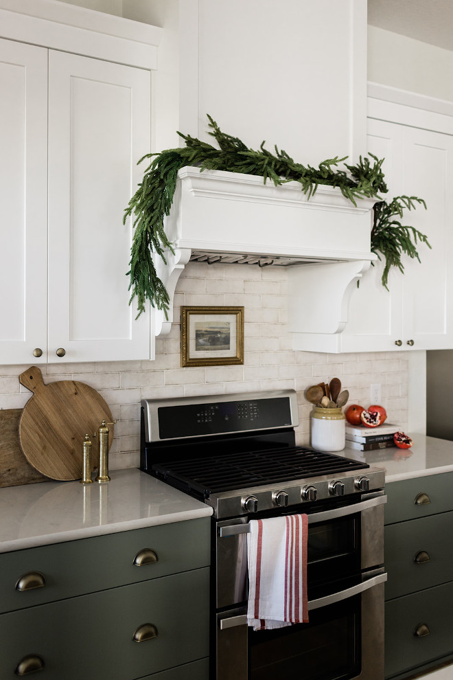 Kitchen Cabinet Paint Color Farrow and Ball Card Room Green with Benjamin Moore Chantilly Lace #KitchenCabinetPaintColor