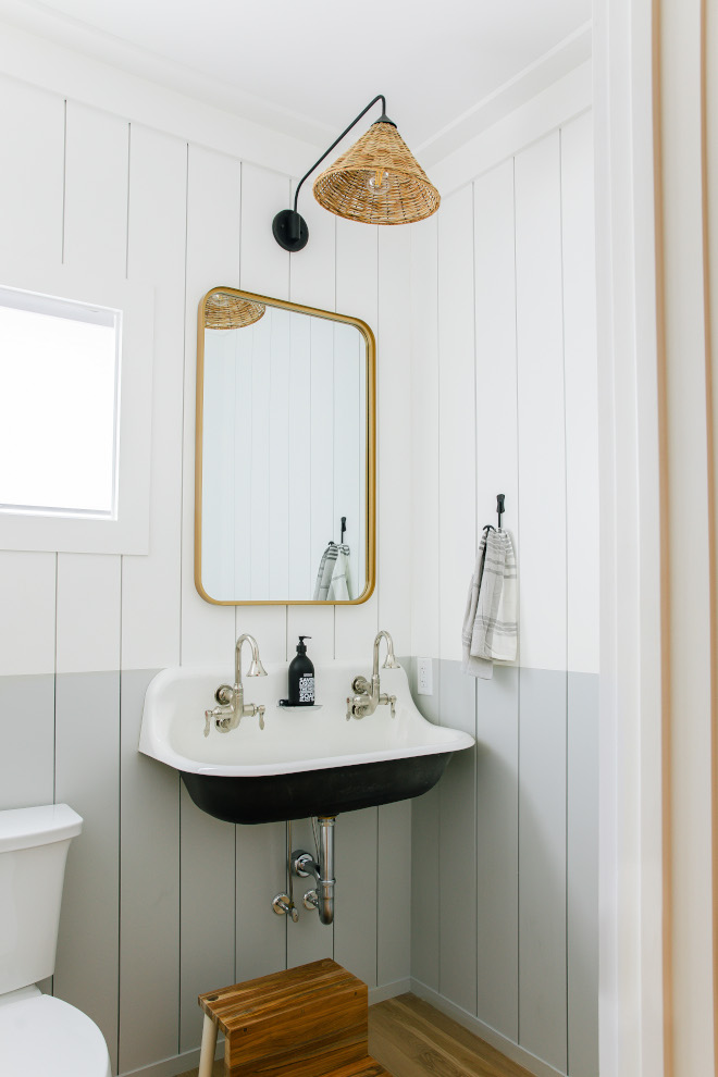 Powder Room features vertical Shiplap with top painted Benjamin Moore Chantilly Lace and bottom painted Benjamin Moore Sleigh Bells matte sheen #PowderRoom #verticalShiplap #BenjaminMooreChantillyLace #BenjaminMooreSleighBells #matte #sheen