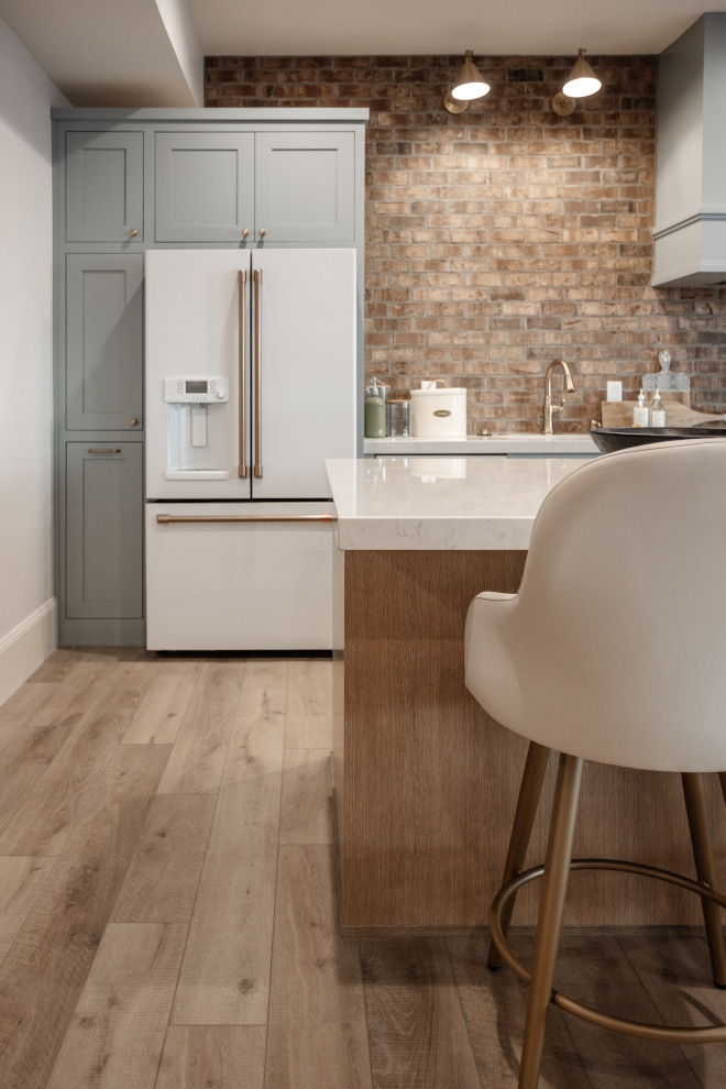 Farmhouse kitchen with brick backsplash blue gray cabinets Farmhouse kitchen with brick backsplash blue gray cabinets #Farmhousekitchen #brickbacksplash #bluegraycabinets