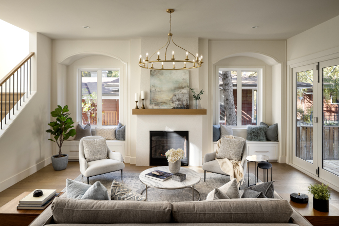 Living Room Arched built-in nooks flanked by fireplace Living Room Arched built-in nooks flanked by fireplace ideas #LivingRoom #Archedbuiltin #archednook #fireplace