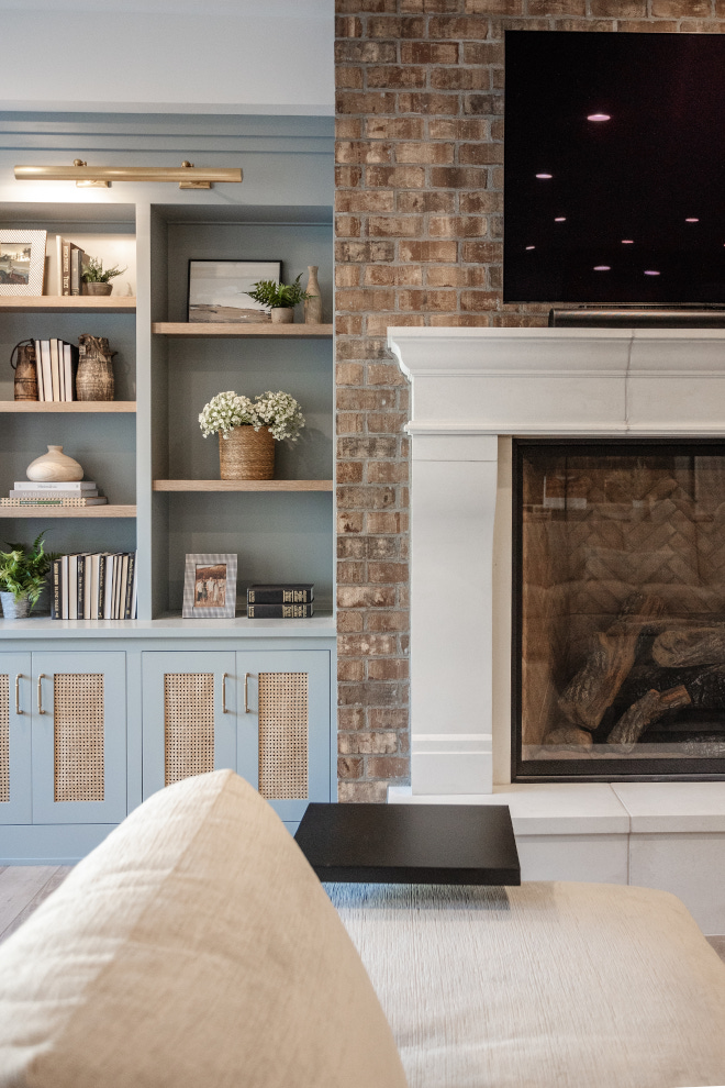 Living room cabinet in Benjamin Moore Silver Mink with brick fireplace Living room cabinet in Benjamin Moore Silver Mink with brick fireplace #Livingroom #cabinet #BenjaminMooreSilverMink #brickfireplace