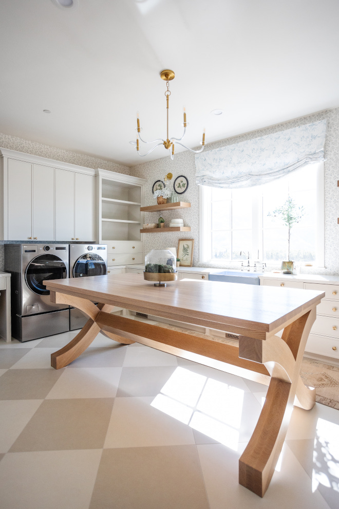 Neutral Laundry room with custom table Neutral Laundry room with custom ironing table ideas #NeutralLaundryroom #Laundryroom #customtable #ironingtable #laundryroomideas