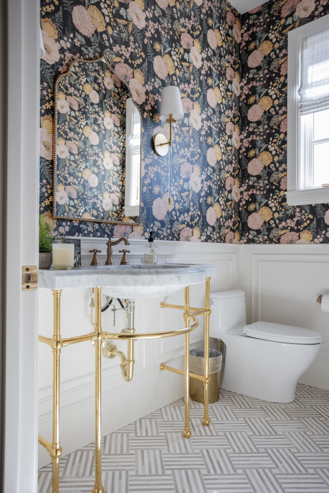Powder Room floral wallpaper and traditional wainscotting ideas Powder Room floral wallpaper and traditional wainscotting ideas #PowderRoom #floralwallpaper #wallpaper #traditionalwainscotting #PowderRoomideas