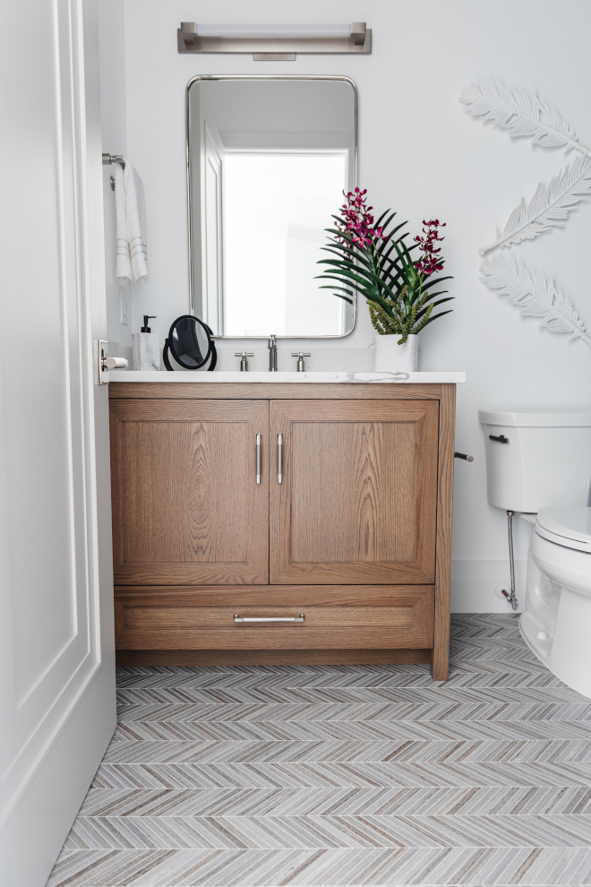 White Oak bathroom vanity with chevron mosaic floor tile White Oak bathroom vanity with chevron mosaic floor tile #WhiteOak #bathroom #vanity #chevron #mosaictile #floortile