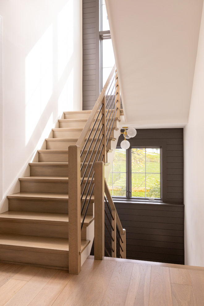 Modern Farmhouse White Oak Staircase with Horizontal Metal Railings Modern Farmhouse White Oak Staircase with Horizontal Metal Railings #ModernFarmhouse #WhiteOak #Staircase #HorizontalMetalRailings #HorizontalRailings