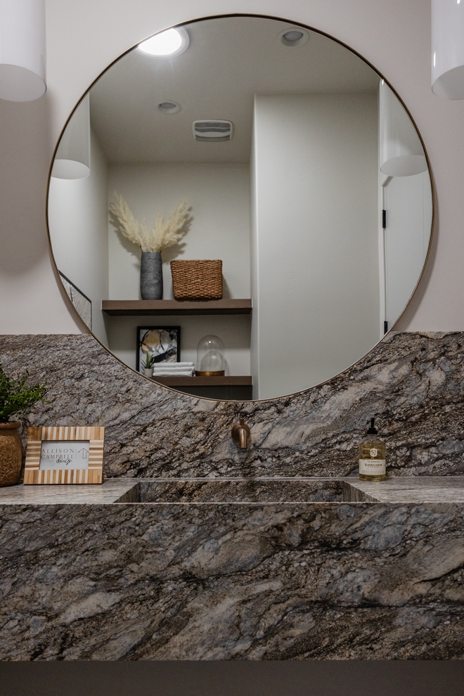Bathroom Mirror Ideas Round mirror with gold frame radius into backsplash