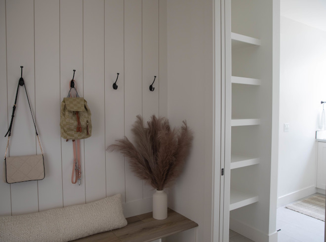 Vertical Shiplap behind mud bench full height to ceiling painted in Sherwin Williams Alabaster Mudroom bench with hardwood top Vertical Shiplap behind mud bench full height to ceiling painted in Sherwin Williams Alabaster Mudroom bench with hardwood top #VerticalShiplap #mudbench #SherwinWilliamsAlabaster #Mudroom #Mudroombench #hardwoodtop