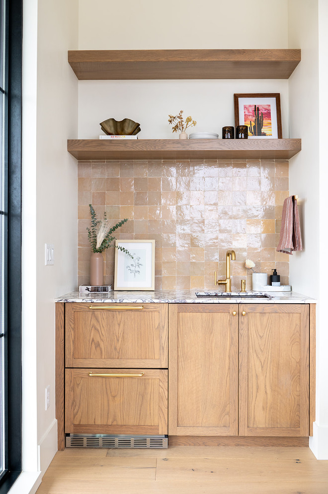 White oak bar white oak wet bar with viola marble countertop and zellige backsplash #Whiteoak #bar #whiteoakbar #wetbar #violamarble #countertop #zellige #backsplash