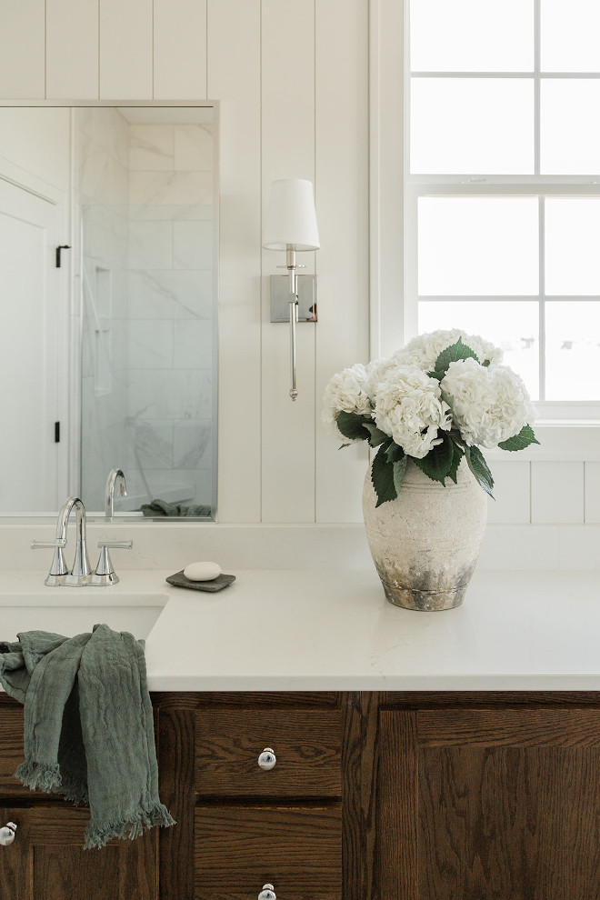 Alabaster by Sherwin Williams Bathroom Shiplap backsplash #AlabasterbySherwinWilliams Bathroom-Shiplap-backsplash Alabaster-by-Sherwin-Williams
