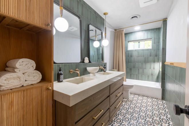 Bathroom reeded White Oak cabinet with brass hardware and green tile Bathroom reeded White Oak cabinet with brass hardware and green tile #Bathroom #reededWhiteOakcabinet #reededcabinet #WhiteOakcabinet #greentile