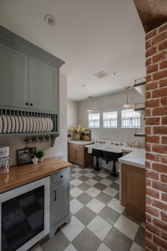 Butlers Pantry with checker floor tile and restored antique sink Butlers Pantry with checker floor tile and restored antique sink #ButlersPantry #checkerfloortile #restoredsink #antiquesink