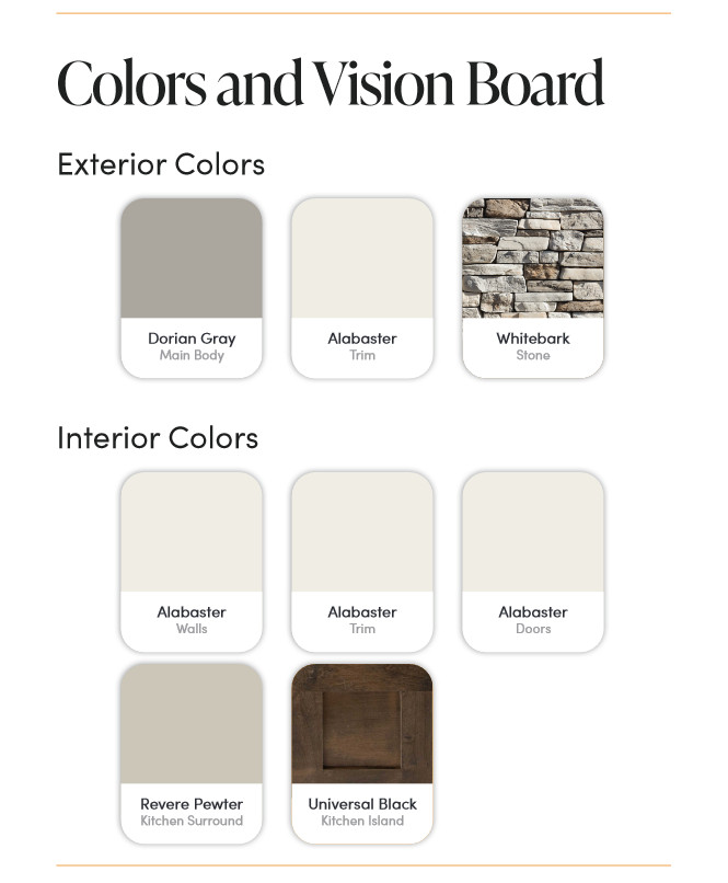 New home color board Exterior Siding Sherwin Williams Dorian Gray Main Body Sherwin Williams Alabaster Trim Paint Color Interior Paint Color Benjamin Moore Revere Pewter Kitchen Cabinet Paint Color #Newhome #colorboard #Exterior #Siding #SherwinWilliams #SherwinWilliamsDorianGray #MainBody #SherwinWilliamsAlabaster #Trim #PaintColor #Interior #InteriorPaintColor #BenjaminMooreReverePewter #BenjaminMoore #Kitchen #Cabinet