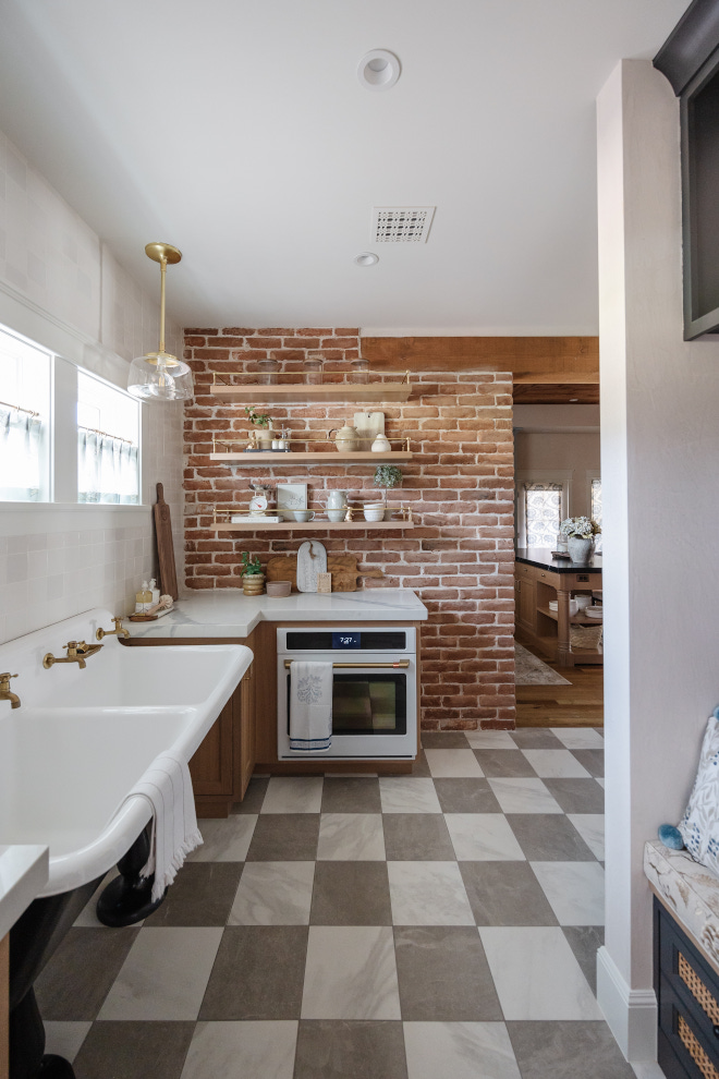 Restored brick wall with checker floor tile Pantry Restored brick wall with checker floor tile #Restoredbrick #brickwall #checkerfloortile #floortile #Pantry