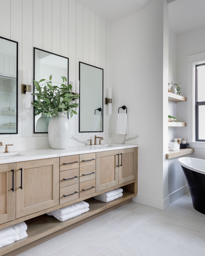 White oak bathroom vanity with white shiplap backsplash and black metal frame mirrors White oak bathroom vanity with white shiplap backsplash and black metal frame mirrors #Whiteoak #bathroom #vanity #whiteshiplap #shiplapbacksplash #blackmetalframemirror