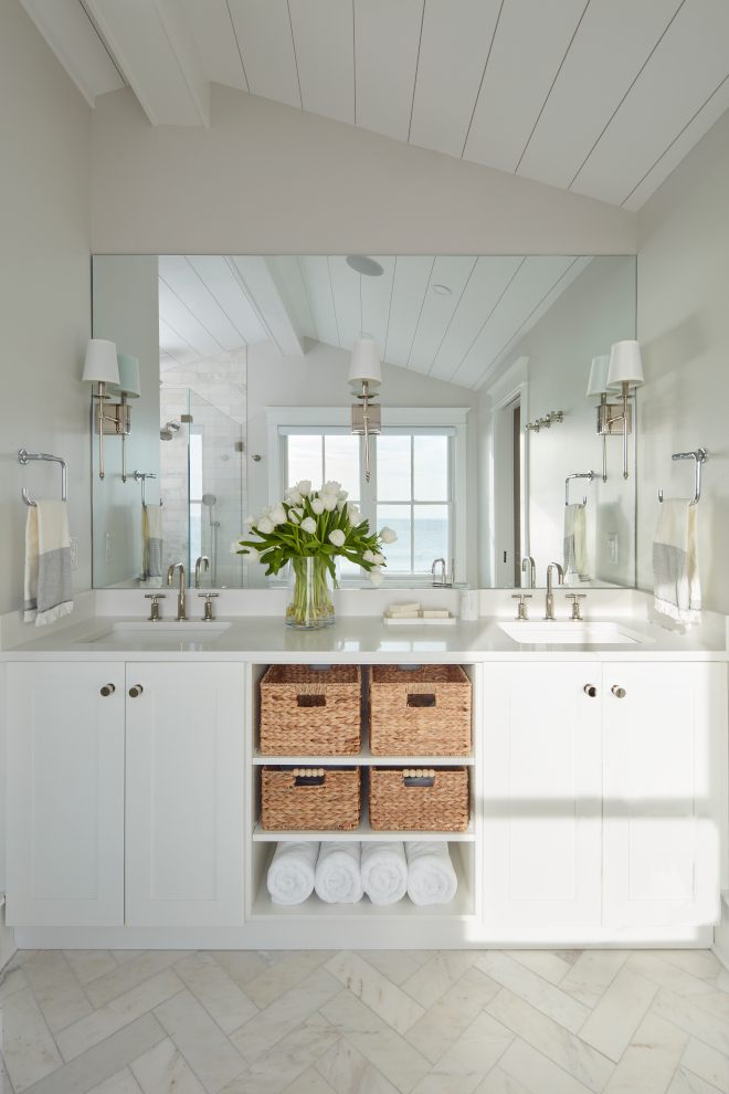 Benjamin Moore Chantilly Lace bathroom cabinet with Sherwin Williams First Star on walls Benjamin Moore Chantilly Lace bathroom cabinet with Sherwin Williams First Star on walls #BenjaminMooreChantillyLace #bathroom #cabinet #SherwinWilliamsFirstStar