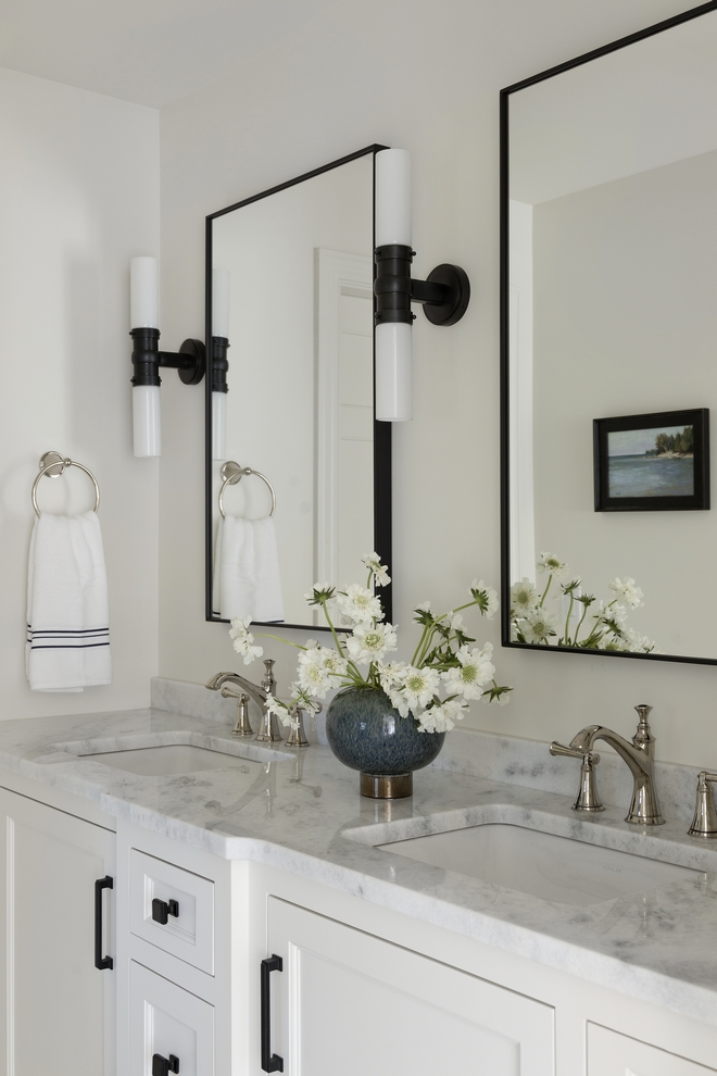 White bathroom with black accents Wall paint color Benjamin Moore White Dove