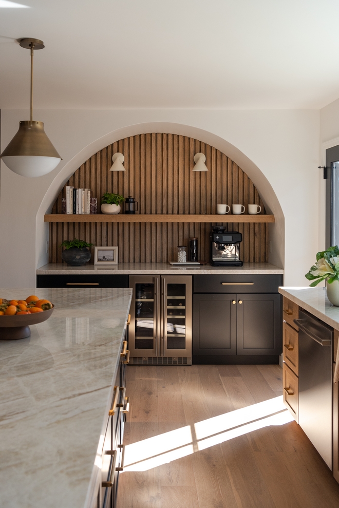 Arched coffee bar with White Oak slat wood paneling Arched coffee bar with White Oak slat wood paneling Arched coffee bar with White Oak slat wood paneling #Arched #coffeebar #WhiteOak #slatwood #slatpaneling