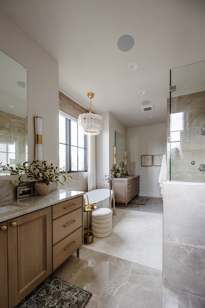 Luxurious Bathroom The overall neutral feel of the primary bathroom allows many elements to shine while brass accents make it feel extra luxurious Luxurious Bathroom Luxurious Bathroom Luxurious Bathroom Luxurious Bathroom #LuxuriousBathroom #Bathroom