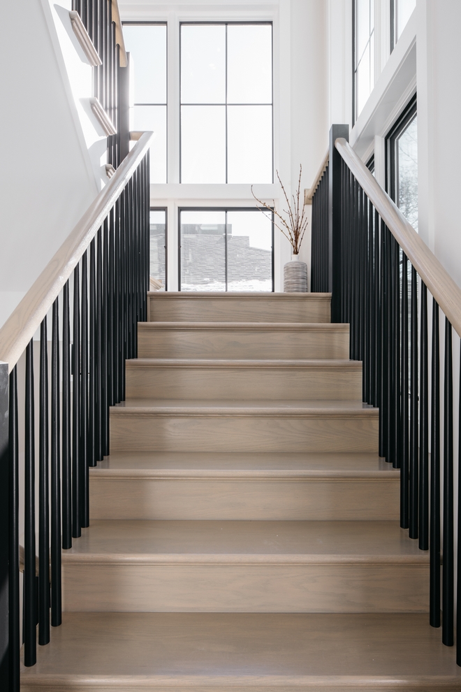 Staircase Details Red Oak treads risers and rail with Poplar stringers skirts balusters and newel