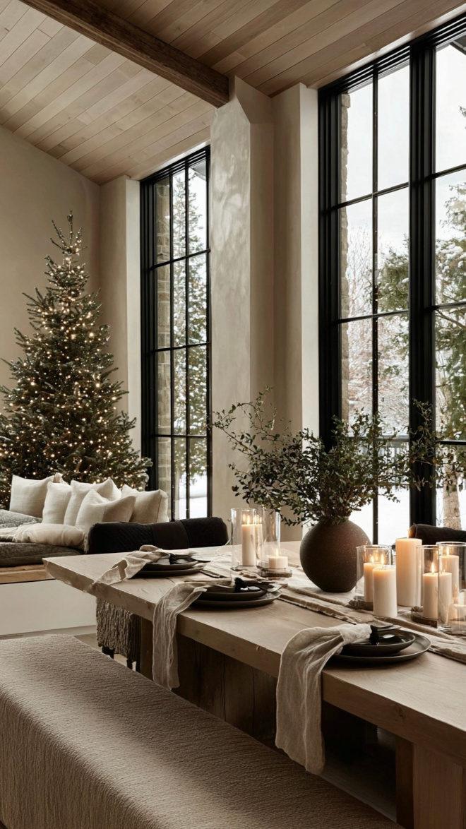 Soft Earth Tone Christmas Decor with Natural Greenery | Neutral Holiday Decorating Ideas Neutral Christmas decorations in soft earth tones with natural greenery, cozy textures, and understated holiday decor.
