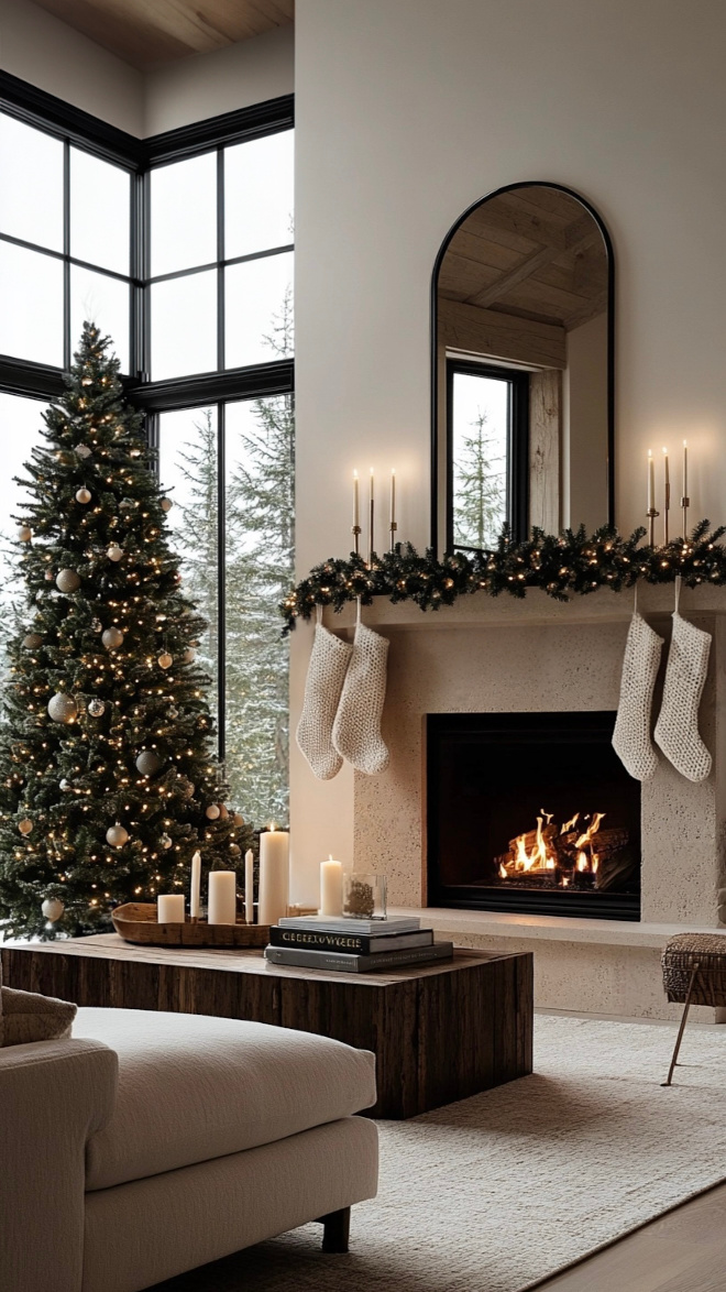 Earthy Modern Living Room with Neutral Limestone Fireplace and Festive Christmas Decor Earthy modern living room with limestone fireplace, muted Christmas decor, arched black mirror, wood ceiling, and winter view.