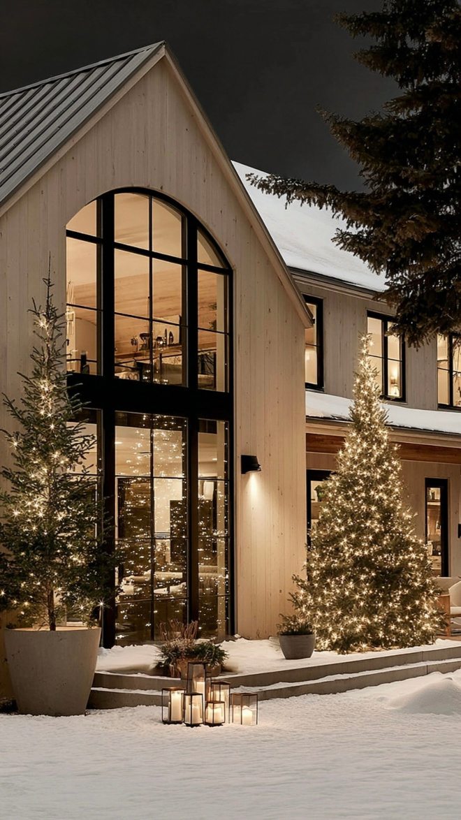 Modern-European-Home-calm-palette-of-earth-tones Modern European home exterior with earth tones, arched black windows, and natural textures for a serene holiday retreat.
