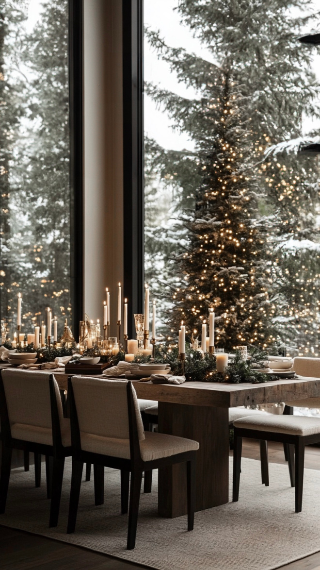 Organic Modern Christmas Dining Room with Neutral Tablescape and Festive Accents Organic modern Christmas dining room with tall tree, neutral slab table, upholstered chairs, wool rug, and brass accents.