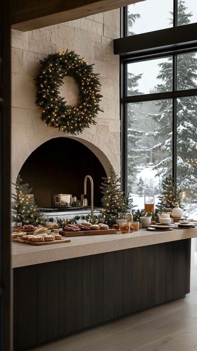 Organic Modern Kitchen with Minimalist Christmas Decor Rendering Organic modern kitchen with dark shiplap island, stone arched range hood, black windows, and oversized Christmas wreath.