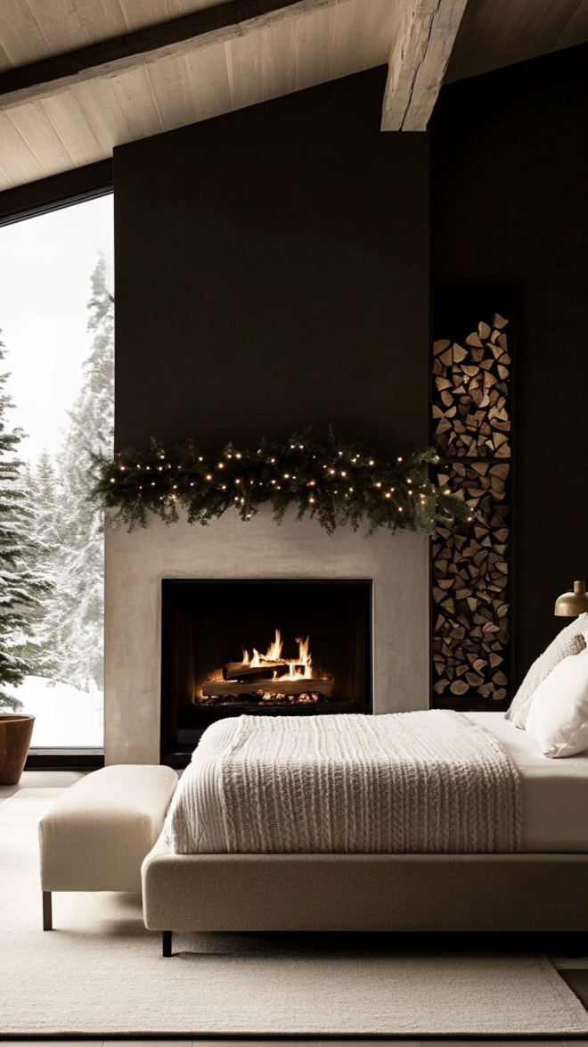 Sherwin-Williams Tricorn Black Bedroom with Fireplace and Holiday Decor Bedroom featuring Sherwin-Williams Tricorn Black, fireplace with Christmas garland, and neutral holiday décor.