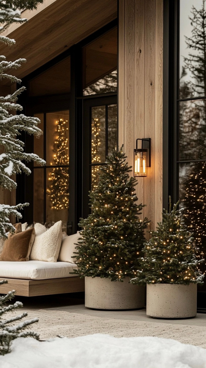 Cozy Snow-Covered Outdoor Patio Decorated for Christmas with Organic Modern Design Cozy snow-covered outdoor patio with minimalist Christmas trees, modern sofa, black glass sconces, and neutral holiday decor.