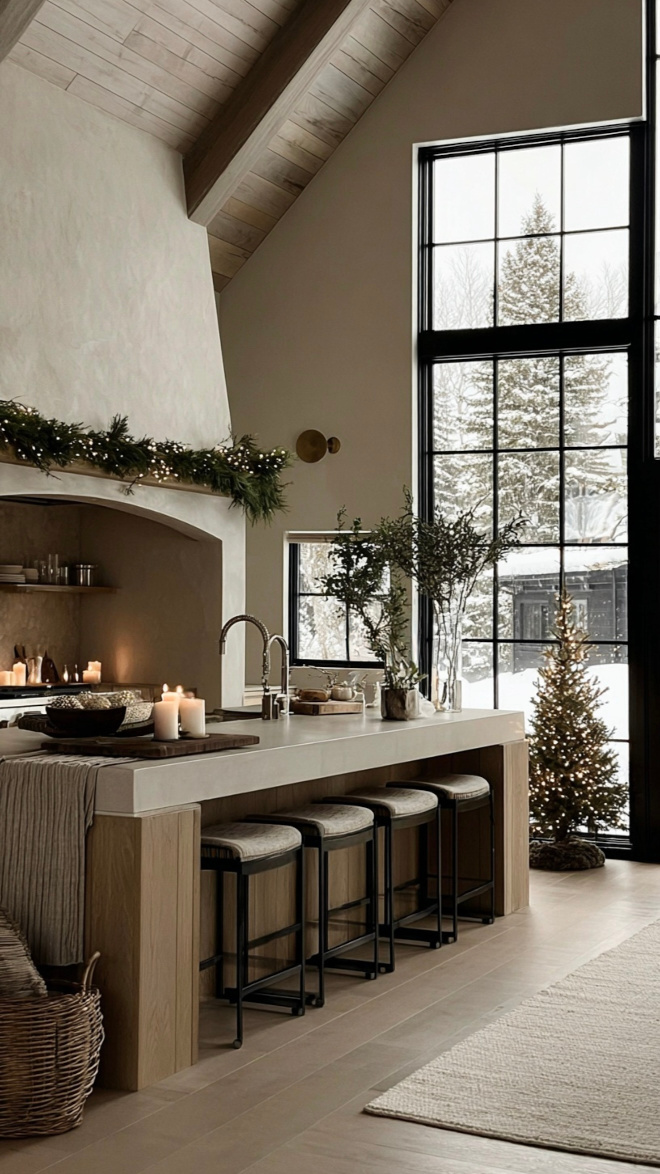 Soft Earth Tone Christmas Kitchen Decor | Neutral Holiday Kitchen Ideas Christmas kitchen decorated in soft earth tones with natural greenery, neutral holiday accents, and cozy festive touches.