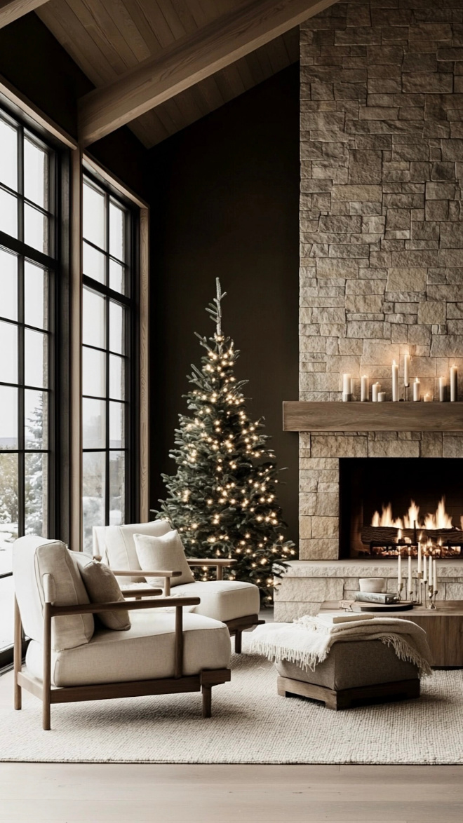 Mountain Living Modern Rustic Living Room Decorated for Christmas Mountain modern rustic Christmas living room decor with stone fireplace, neutral palette, and cozy lighting.